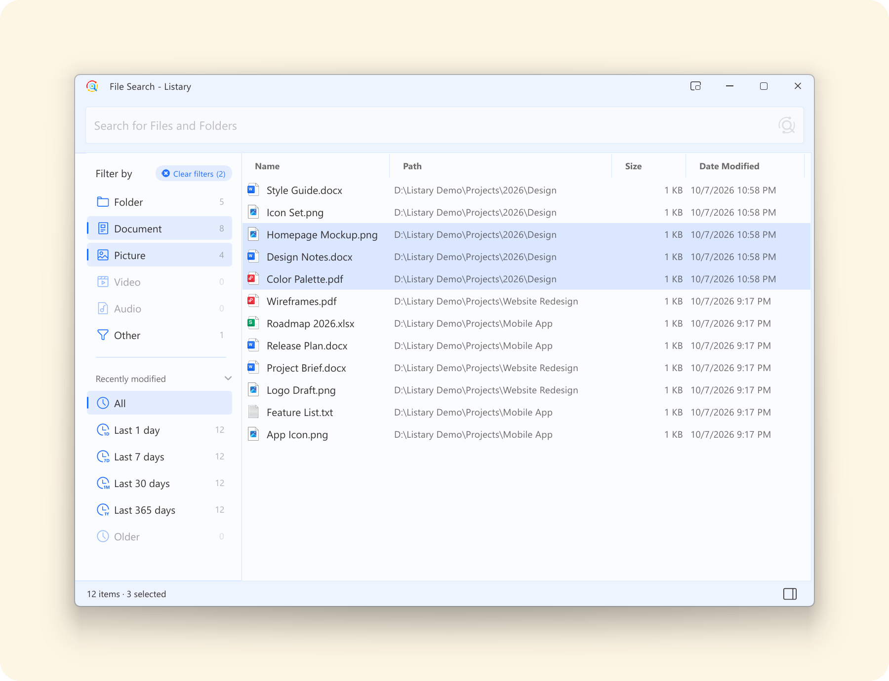 Several files selected in the File Search Window