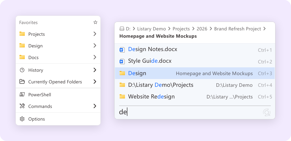 Listary menu and search bar in File Explorer