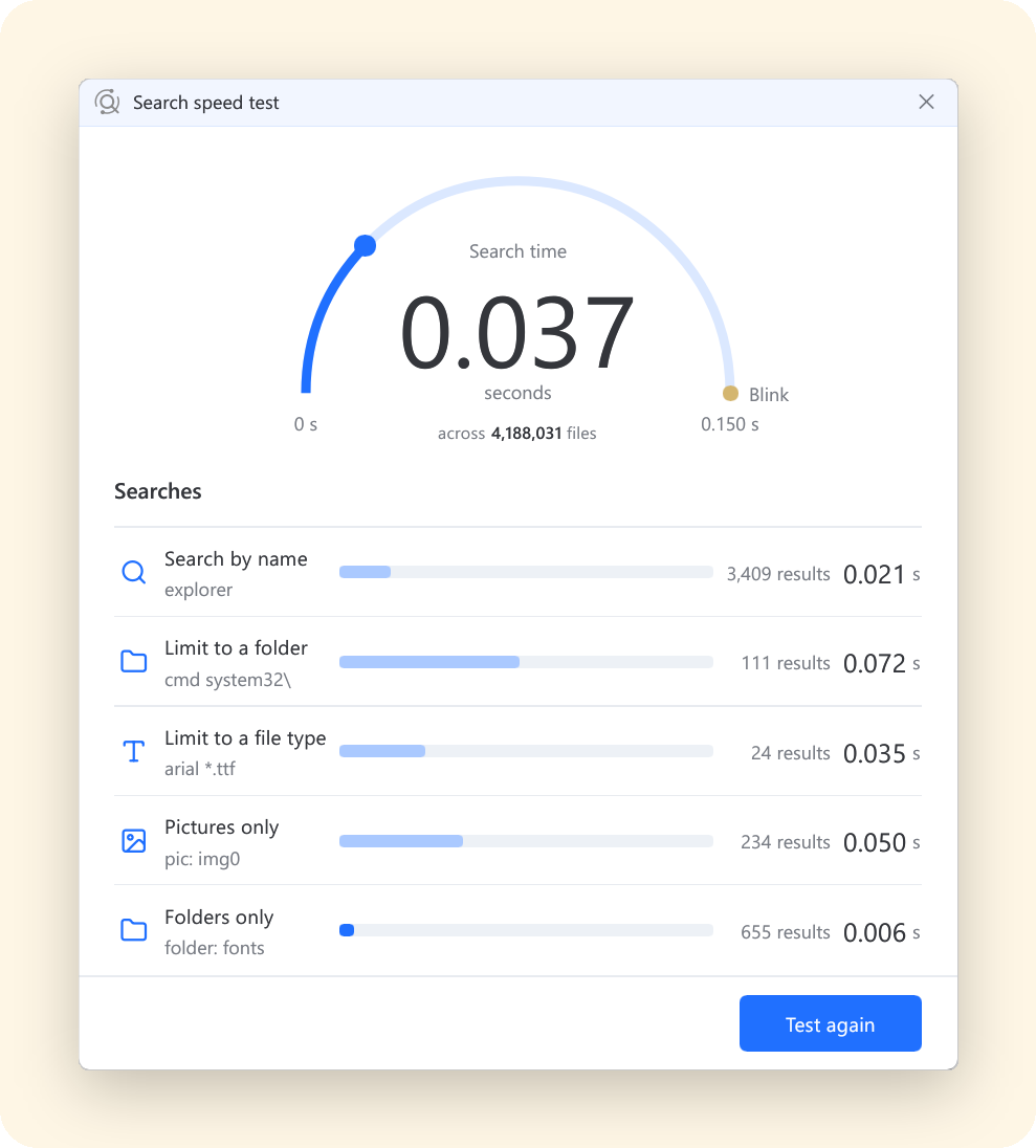 Search speed test results