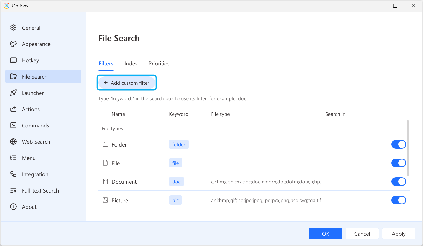 Filters page in Options