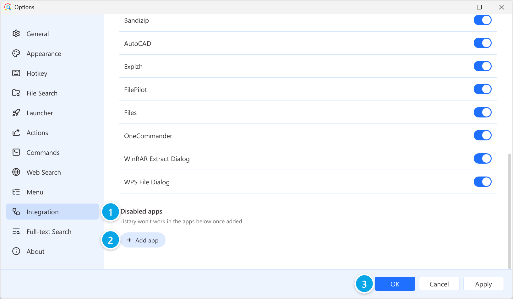 Disabled apps, Add app, and OK