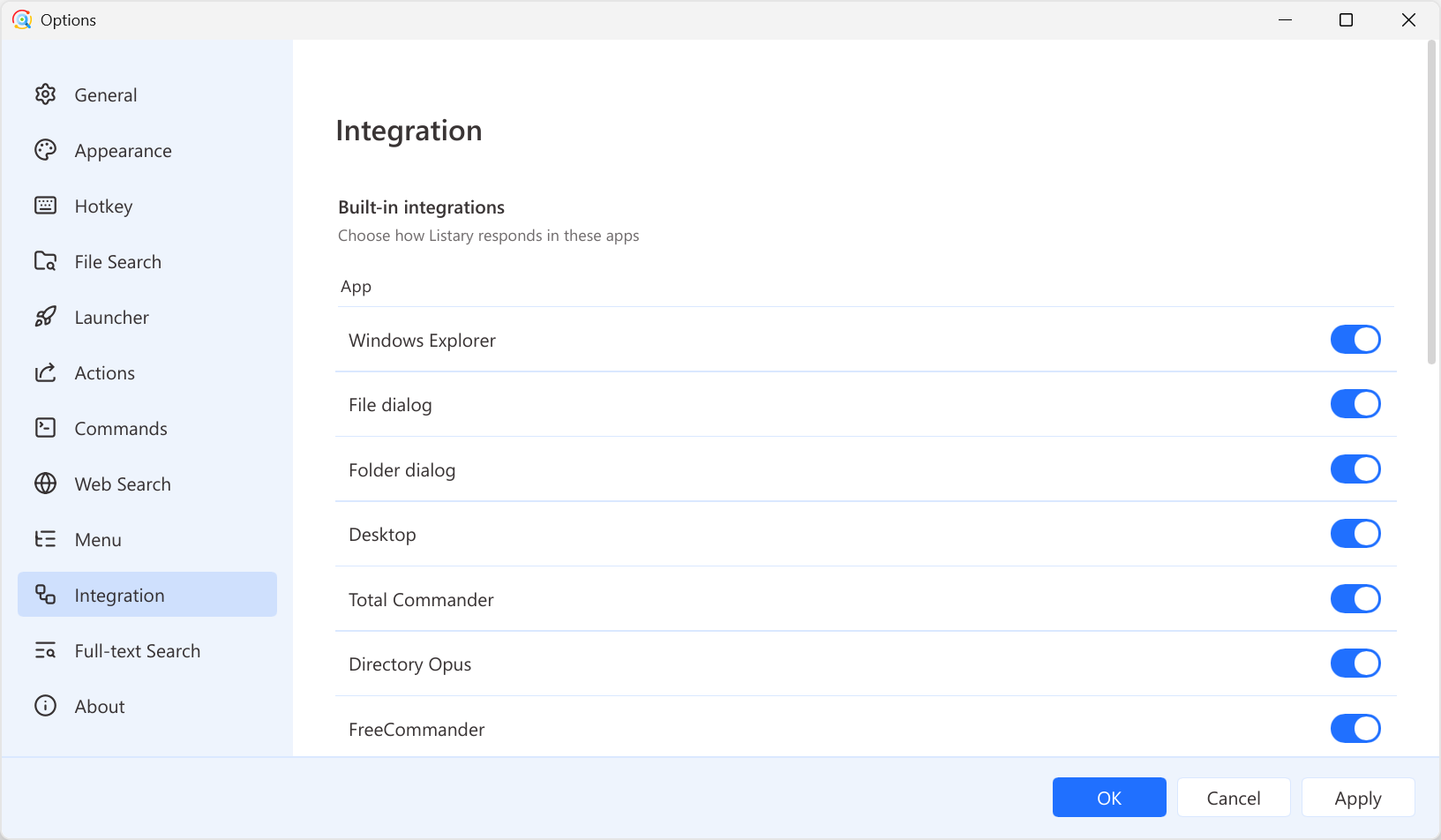 Integration page in Options