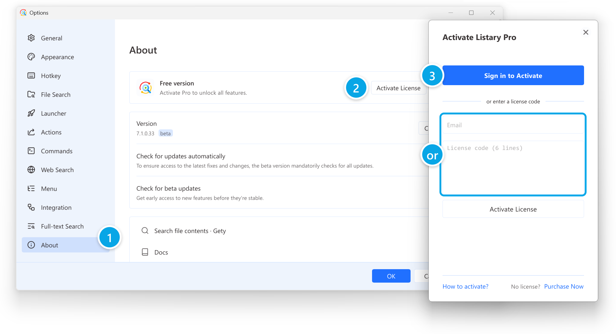 Activating Listary Pro from Options, About