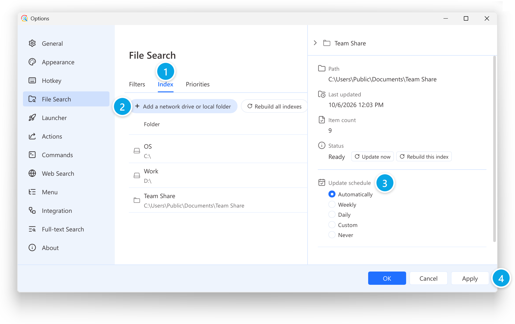 Steps to add a folder to the index