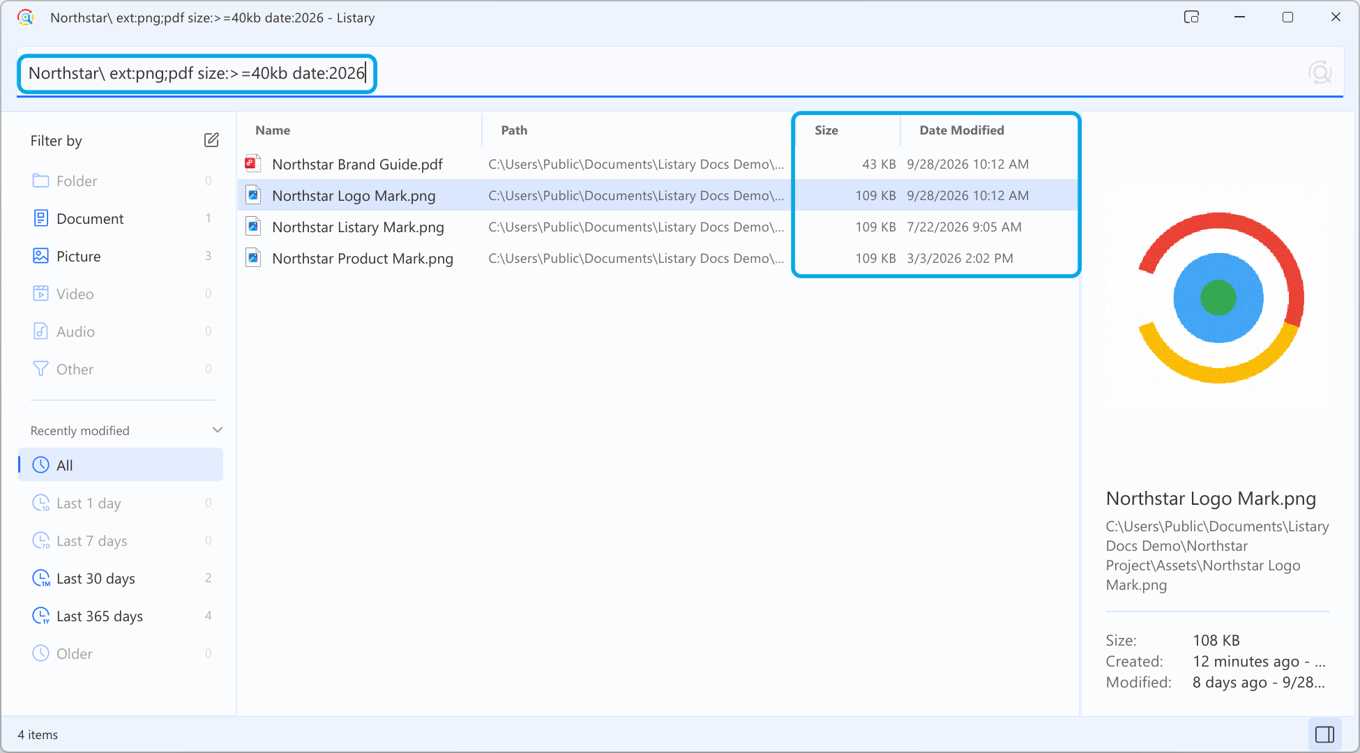 Combining extension, modified date, and file size conditions