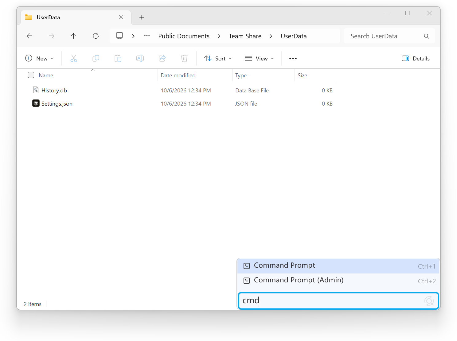 Typing cmd in File Explorer