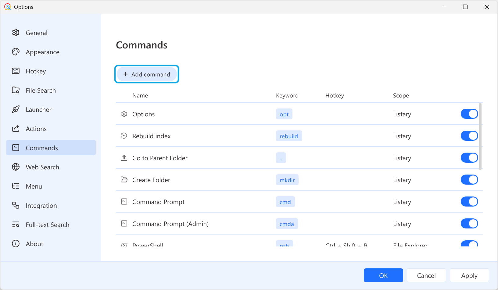 Commands page in Options