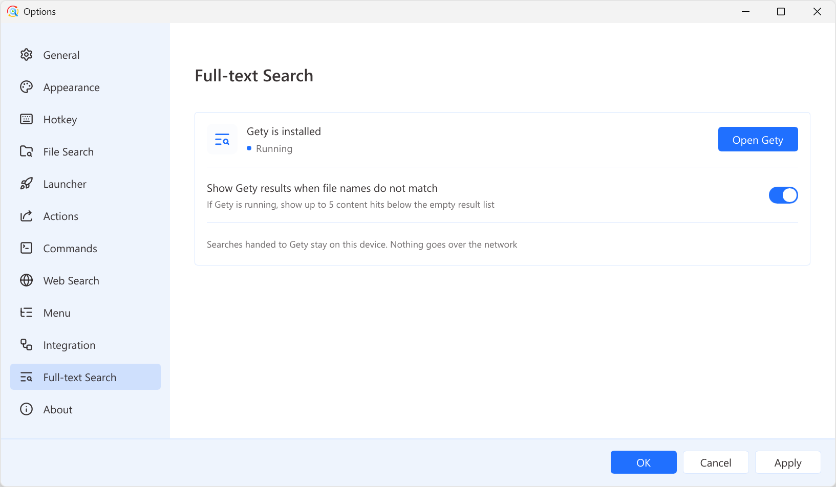 Full-text Search settings with Gety running