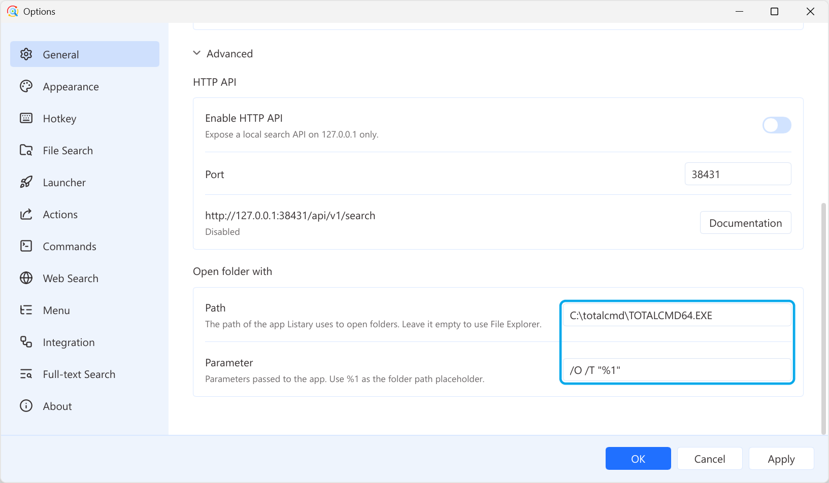 Open folder with Total Commander under Advanced