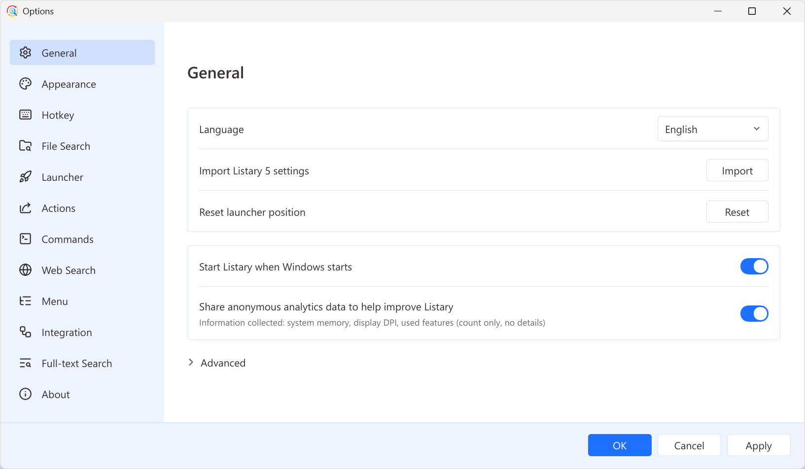 General page in Options
