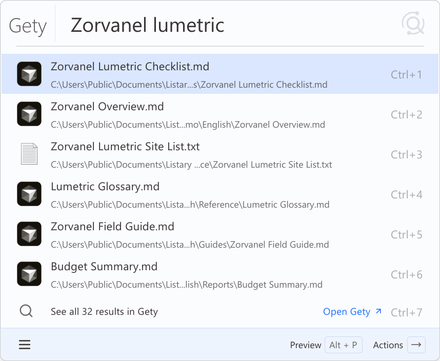 Searching file contents with Gety by typing gety and a space in the Listary launcher