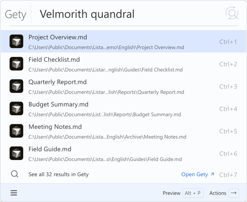 Searching file contents with Gety by typing gety and a space in the Listary launcher