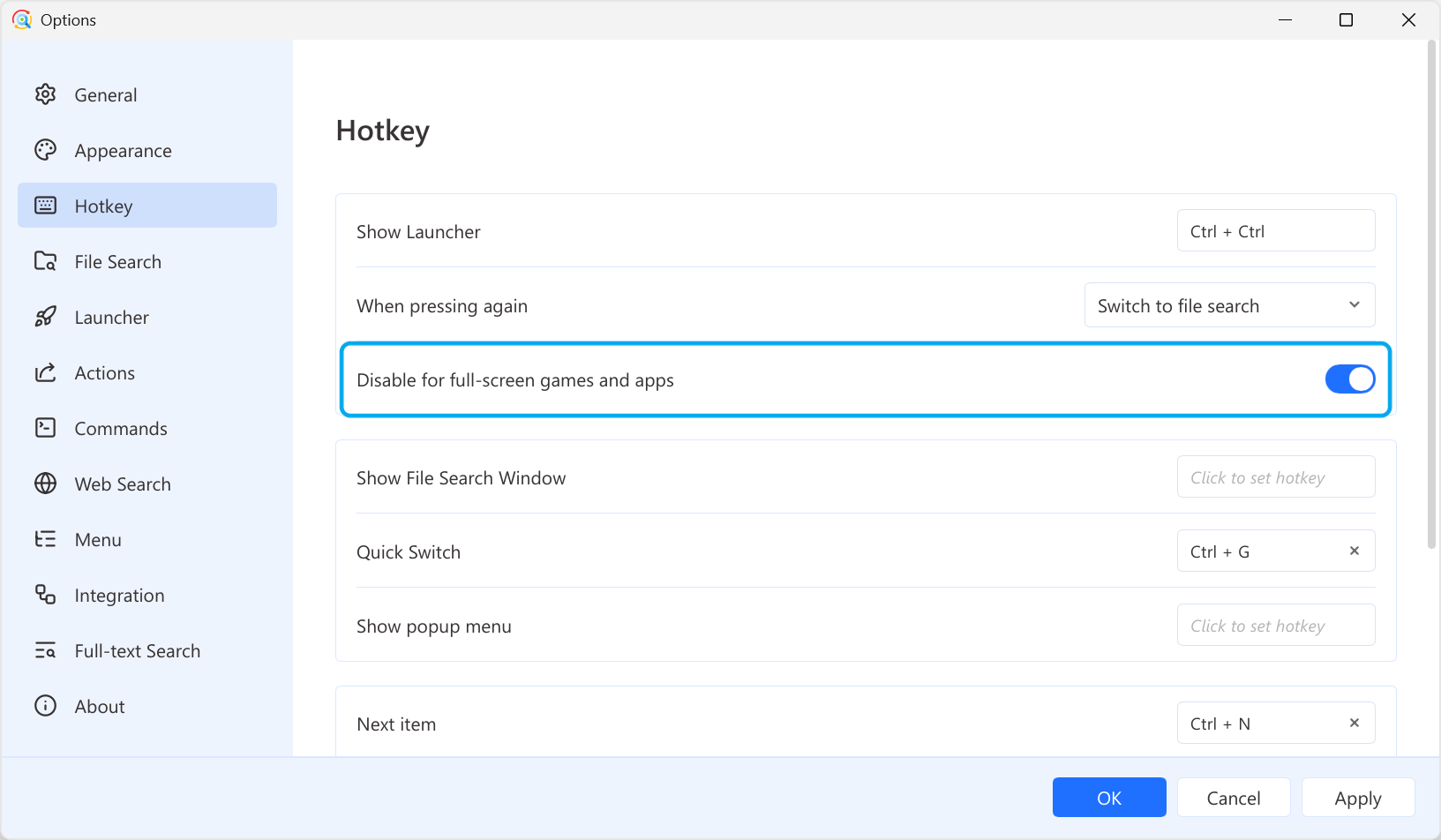 Hotkey page in Options