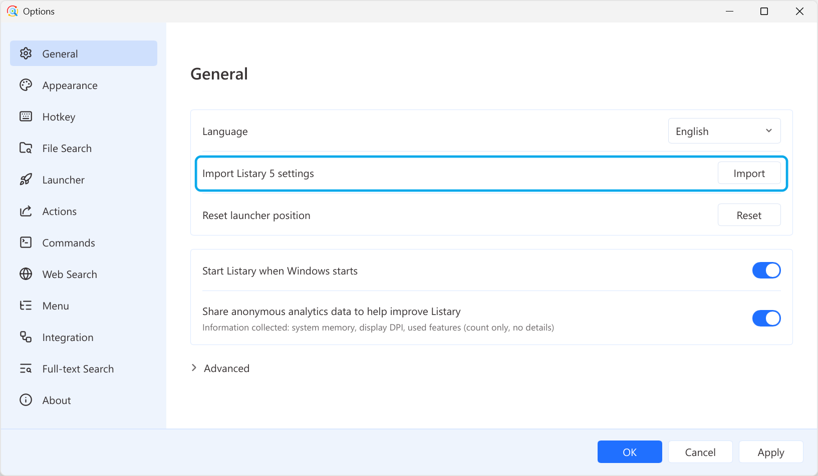 Import Listary 5 settings on the General page