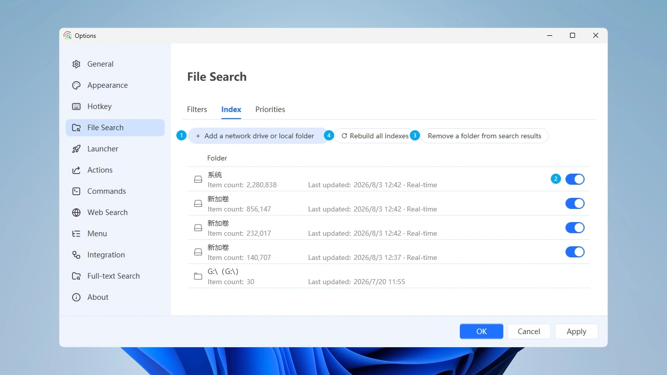 Index settings