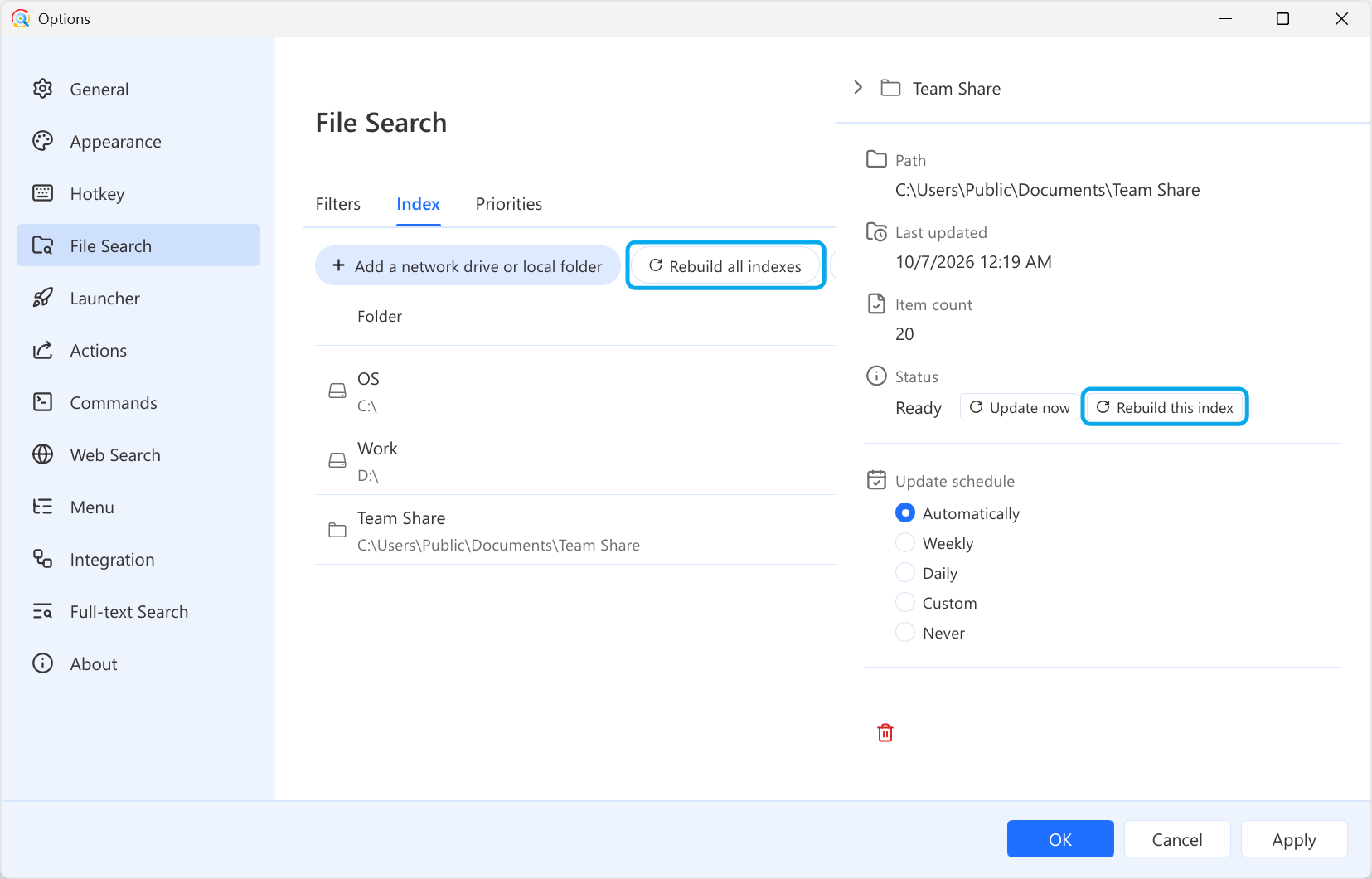 Rebuild all indexes and Rebuild this index buttons