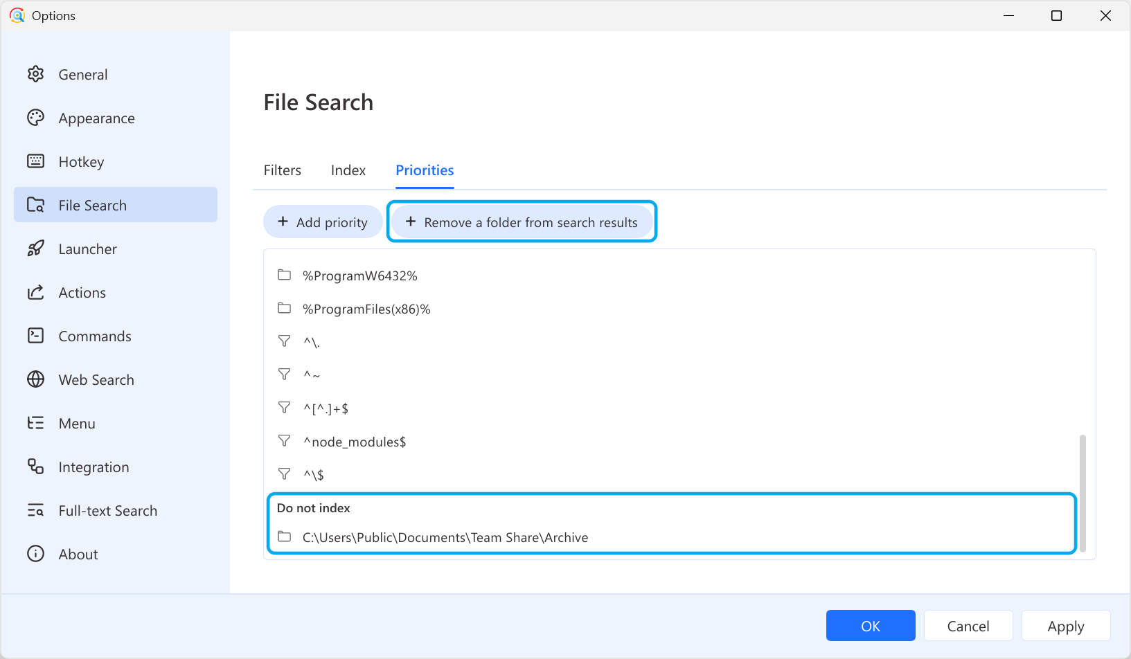 Remove a folder from search results, and the Do not index group