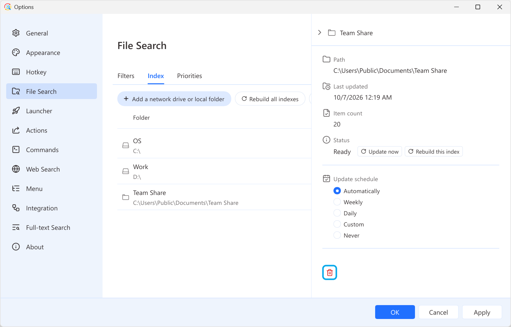 Delete button of a custom index