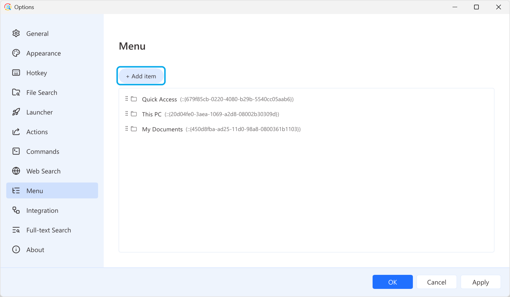 Menu page in Options