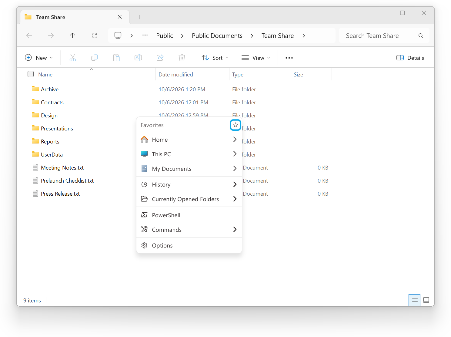 The popup menu in File Explorer, with the star in the top right
