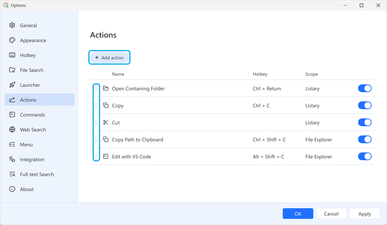 Actions page in Options