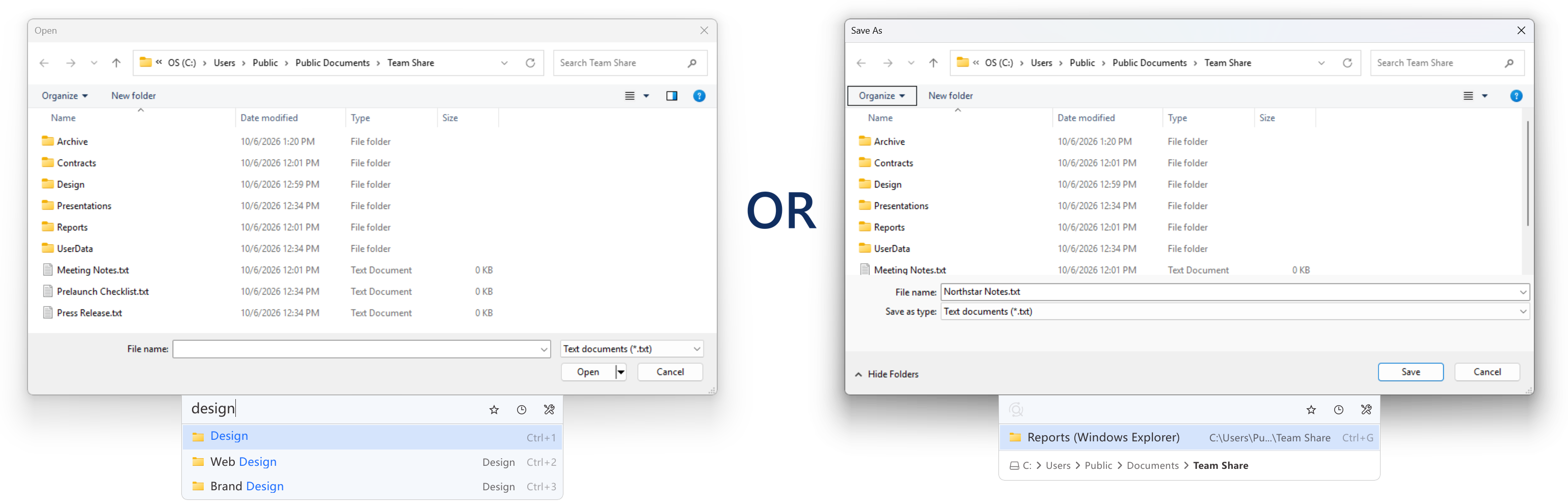 The Listary bar under an Open dialog and a Save As dialog